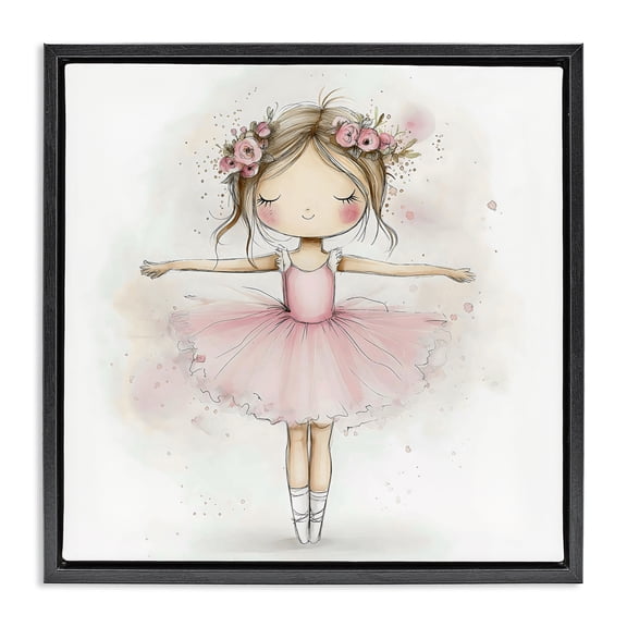 Stupell Industries Flower Ballerina in Pink Tutu Black Framed Floater Canvas Wall Art, design by Creative Studio
