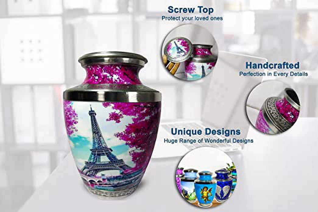 Eiffel Tower Aluminium Cremation Urns Pink Adult Burial Jar Designer Print Funeral Pet Urn for Burial, Niche, or Columbarium Perfect to Honor Your Loved One by MTA OVERSEAS, 6.5 x 6.5 x 10 inch
