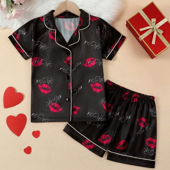 BOOMNY Toddler Girls 2 Peice Pajamas Sets Graphic Short Sleeve Buttons Sleepwear Tops Shorts Pjs Set for Kids Cozy Loungewear Homewear