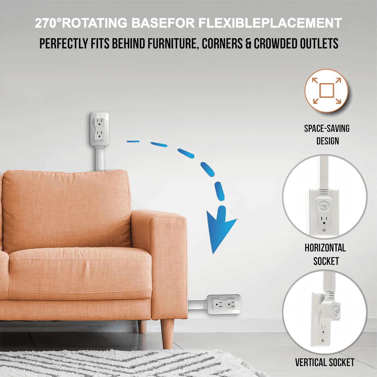 Adjustable Outlet Extender - 270° Rotatable, with USB-C, 2 USB-A & 2 AC Outlets, Extends 22"-34"(55.9-86.4cm), Ideal for Hard-to-Reach Outlets Behind Nightstands, Sofas & Desks
