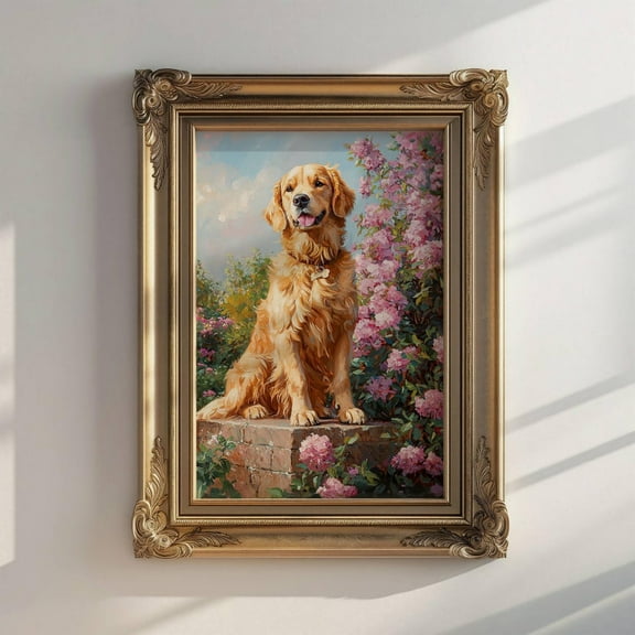 Golden Retriever In The Garden Poster, Dog Lover Wall Art, Golden Retriever Wall Art,, Unframed Poster Size 12x18