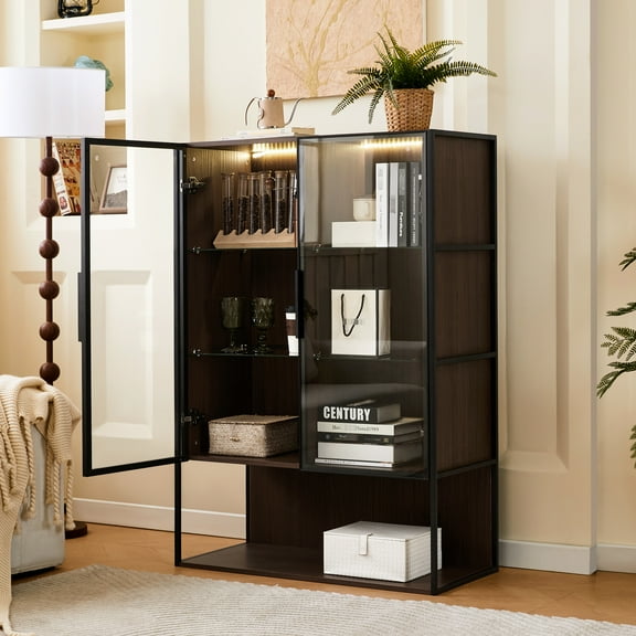 51.2'' Tall Metal Frame Cabinet For Display With Tempered Glass Door And Led Lighting - Modern Minimalist Style Living Room, Office, Study Lighting,