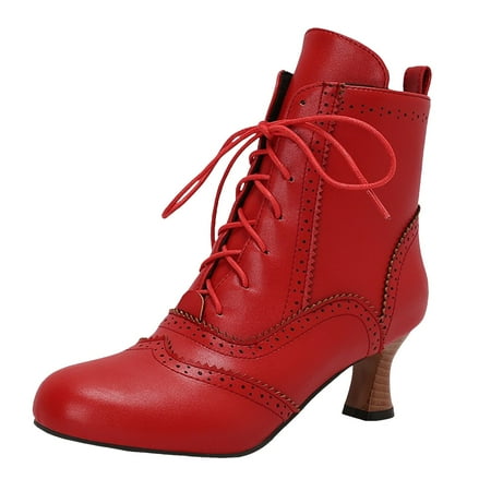 

OJSFQUFP Women Ankle Boots Women s Autumn and Winter Rubber Sole Thick Heel Lace Up Bare Boots High Heel Short Boots Women Ankle Boots Women Red 38