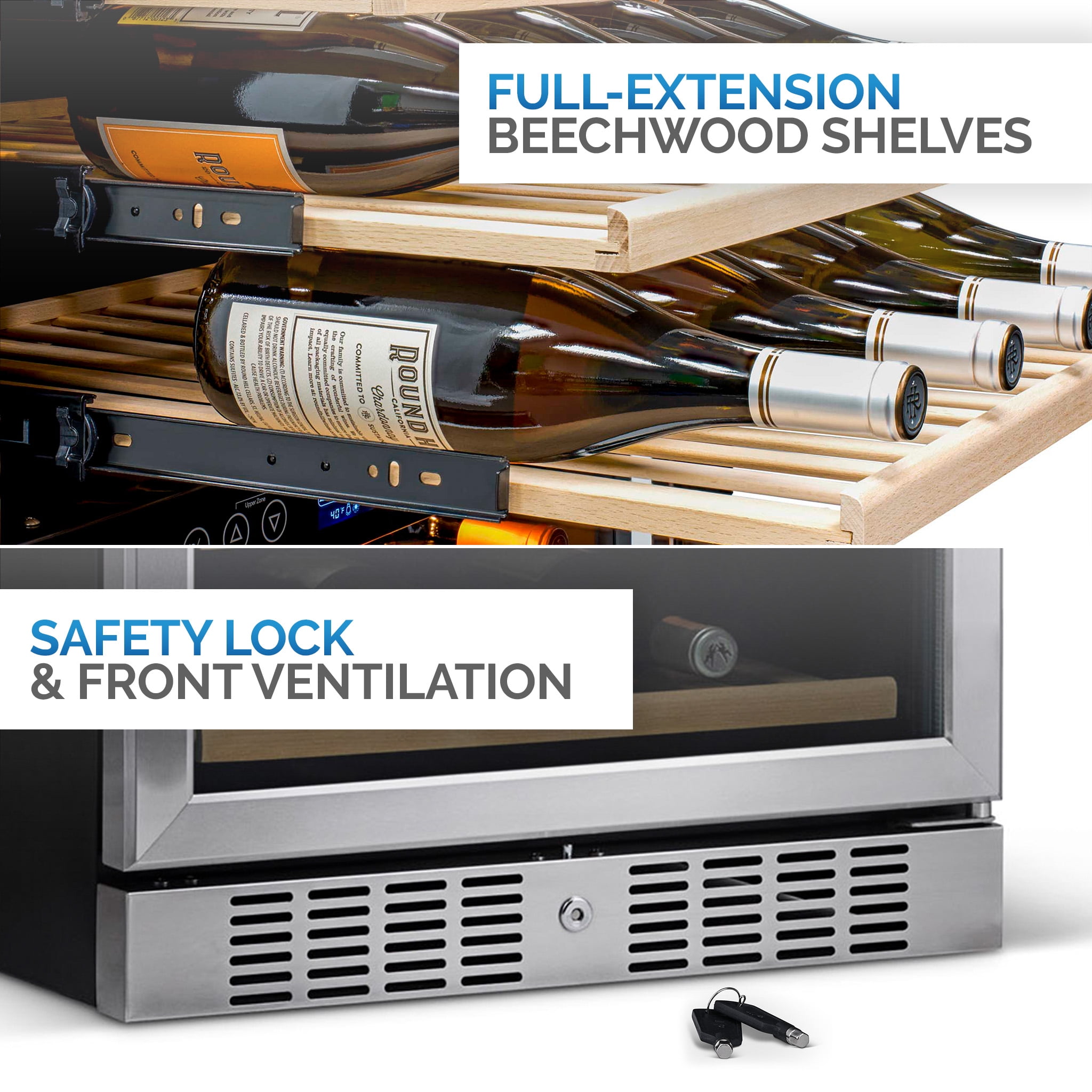 NewAir Dual Zone 116 Bottle Beverage Cooler with Beechwood Shelves, Stainless Steel