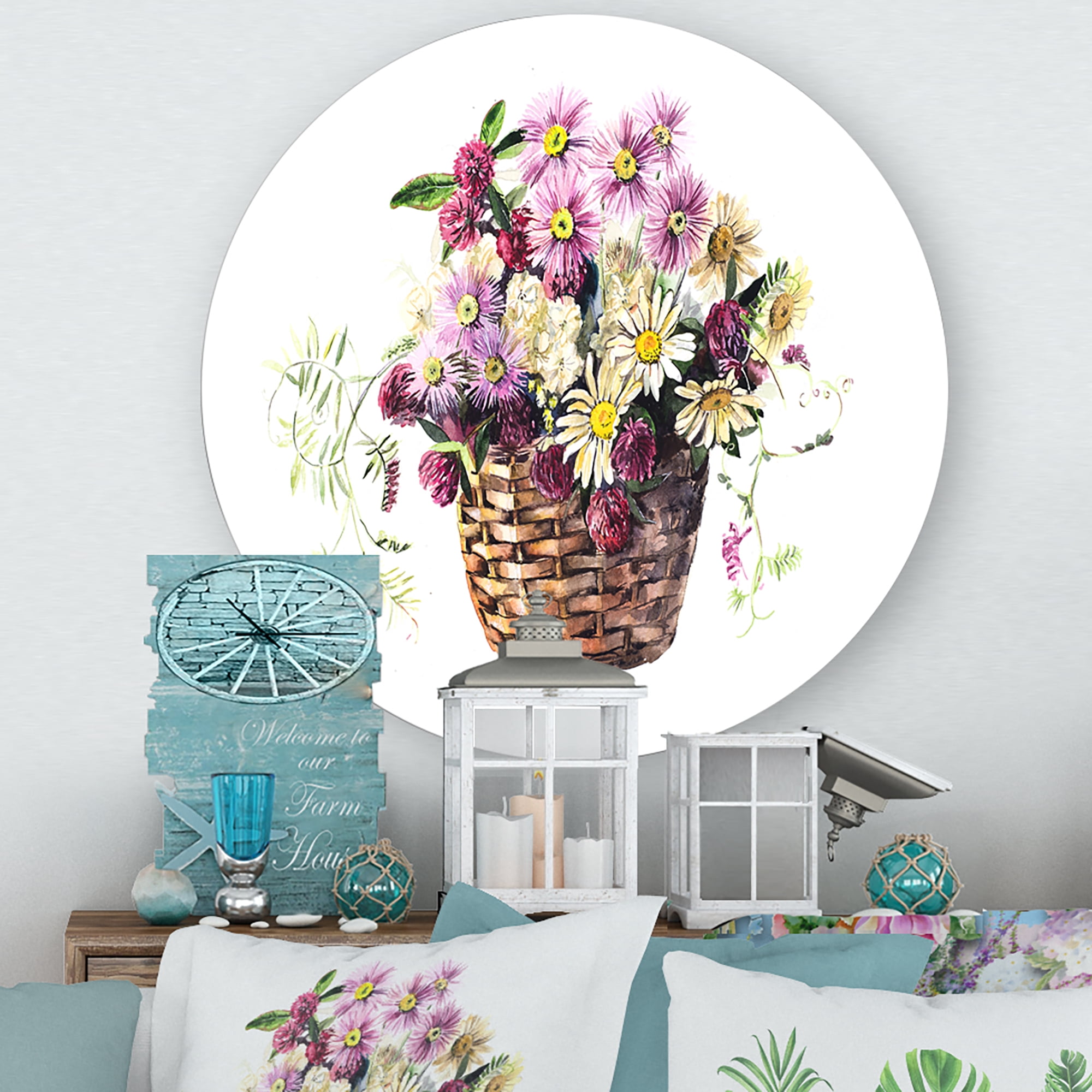 Designart 'The Basket Bouquet From Meadow Flowers' Traditional Circle Metal Wall Art 23x23 - Disc of 23