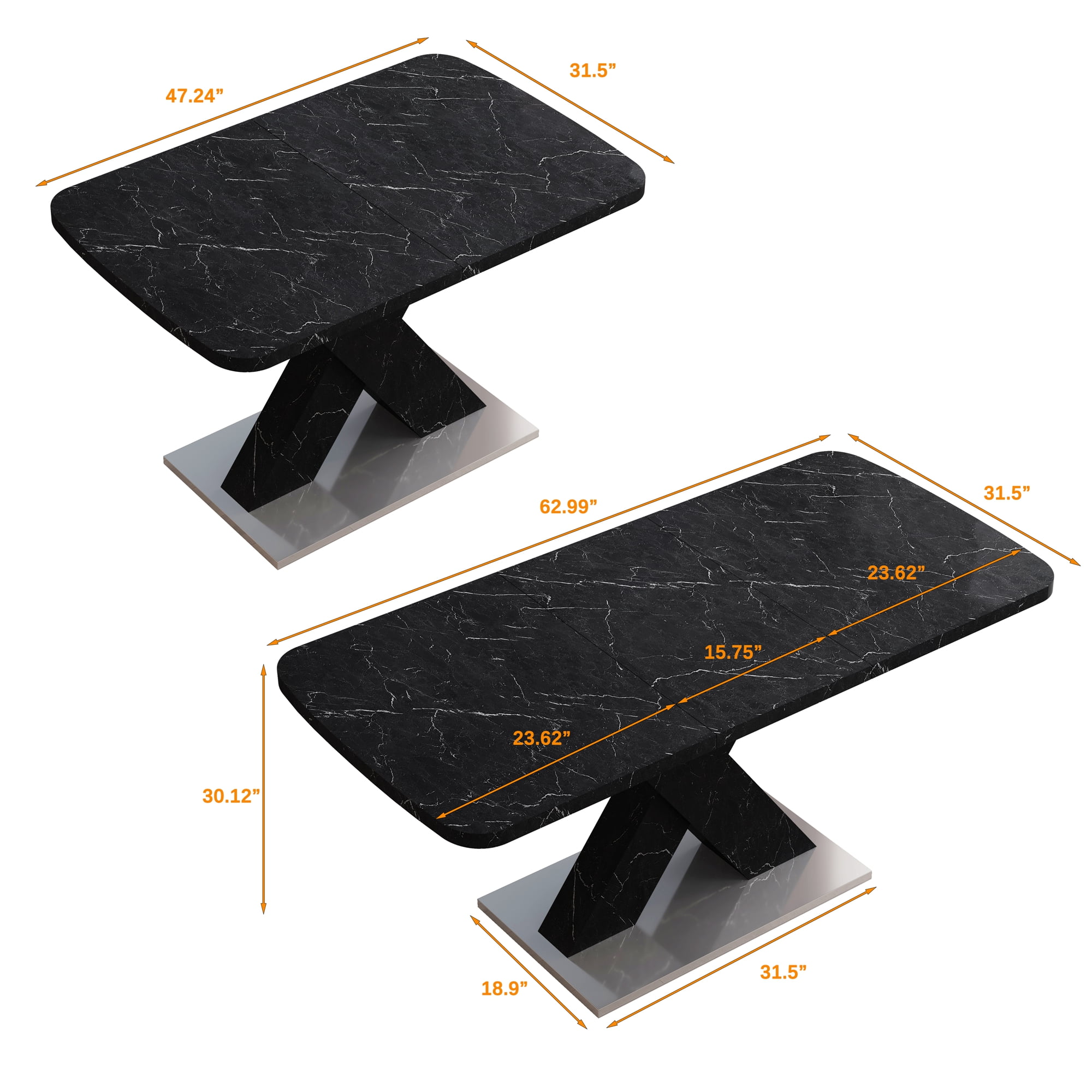 Stretchable Dining Table, Modern Square Dining Table, Black Marble Table Top+MDF X-Shape Table Leg with Metal Base