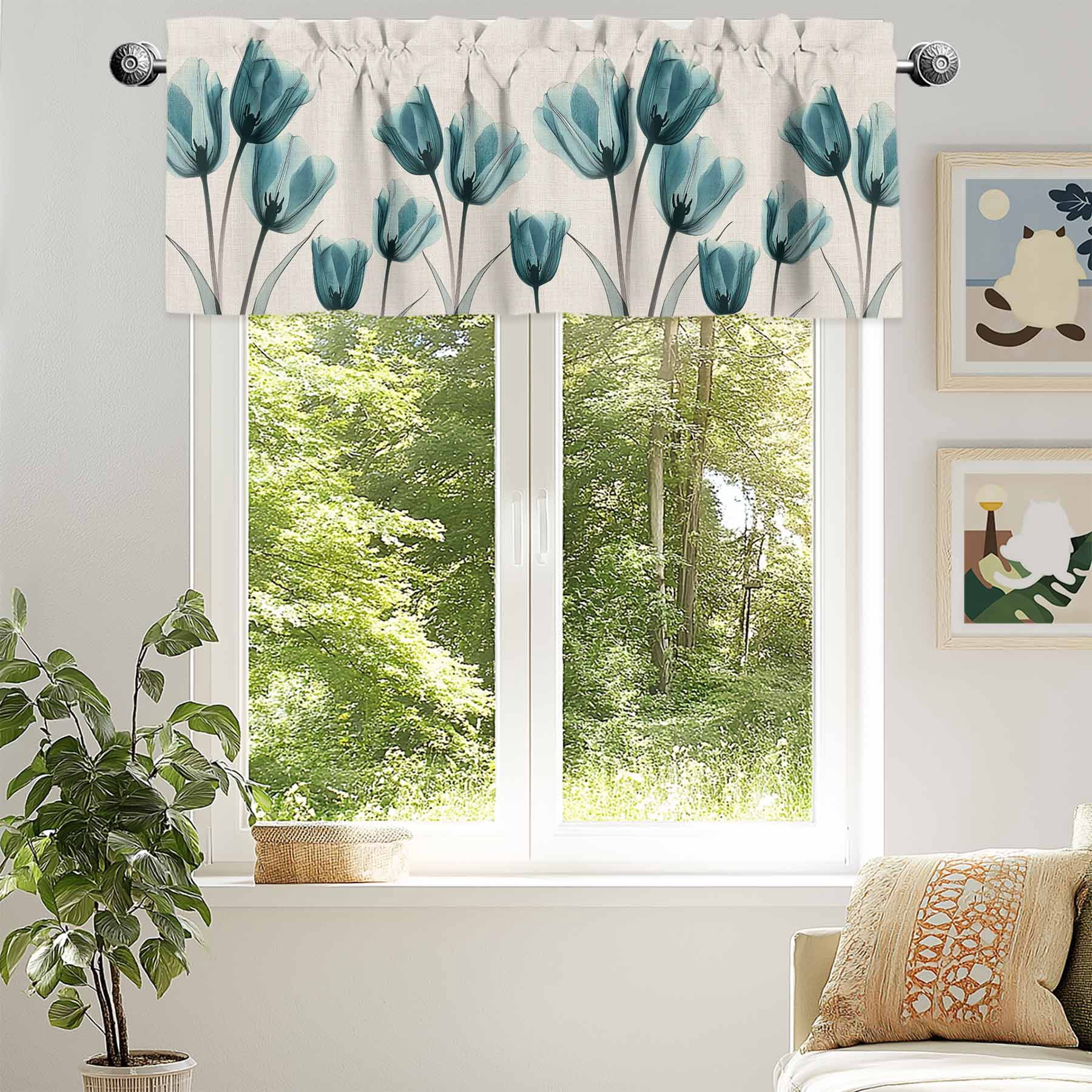 Teal Tulip Valances for Windows, 54 x 18in, Minimalist Modern Flower Art Linen Background Rod Pocket Kitchen Valance Curtain Light Filtering Window Treatments for Living Room Bedroom, 1 Panel