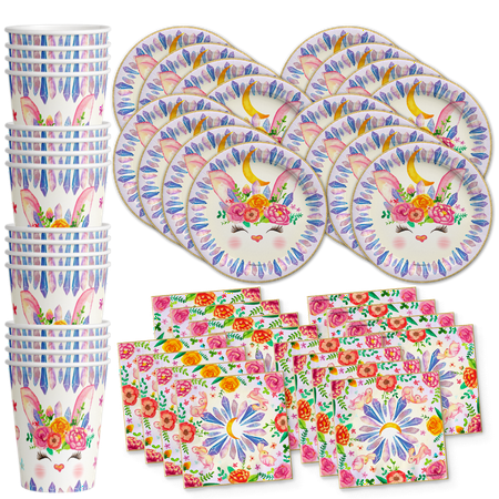 Bunny Rabbit Floral Birthday Party Supplies - Easter Bunny Party Supplies - Floral Party Supplies - Spring Party Supplies - Easter Party Tableware Set Includes Plates Napkins and Cups | Kit for 16