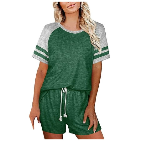 

HGWXX7 Women Casual Home Sleepwear Round Neck Short Sleeve Stripe Two-Piece Sets Womens Fall Fashion 2022