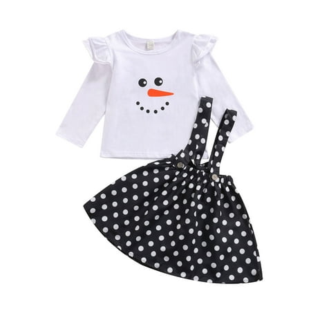 

ZIYIXIN Christmas Toddler Baby Girls Fall Clothes Snowman Print Long Sleeve Tops and Polka Dot Suspenders Skirt Set White 3-4 Years