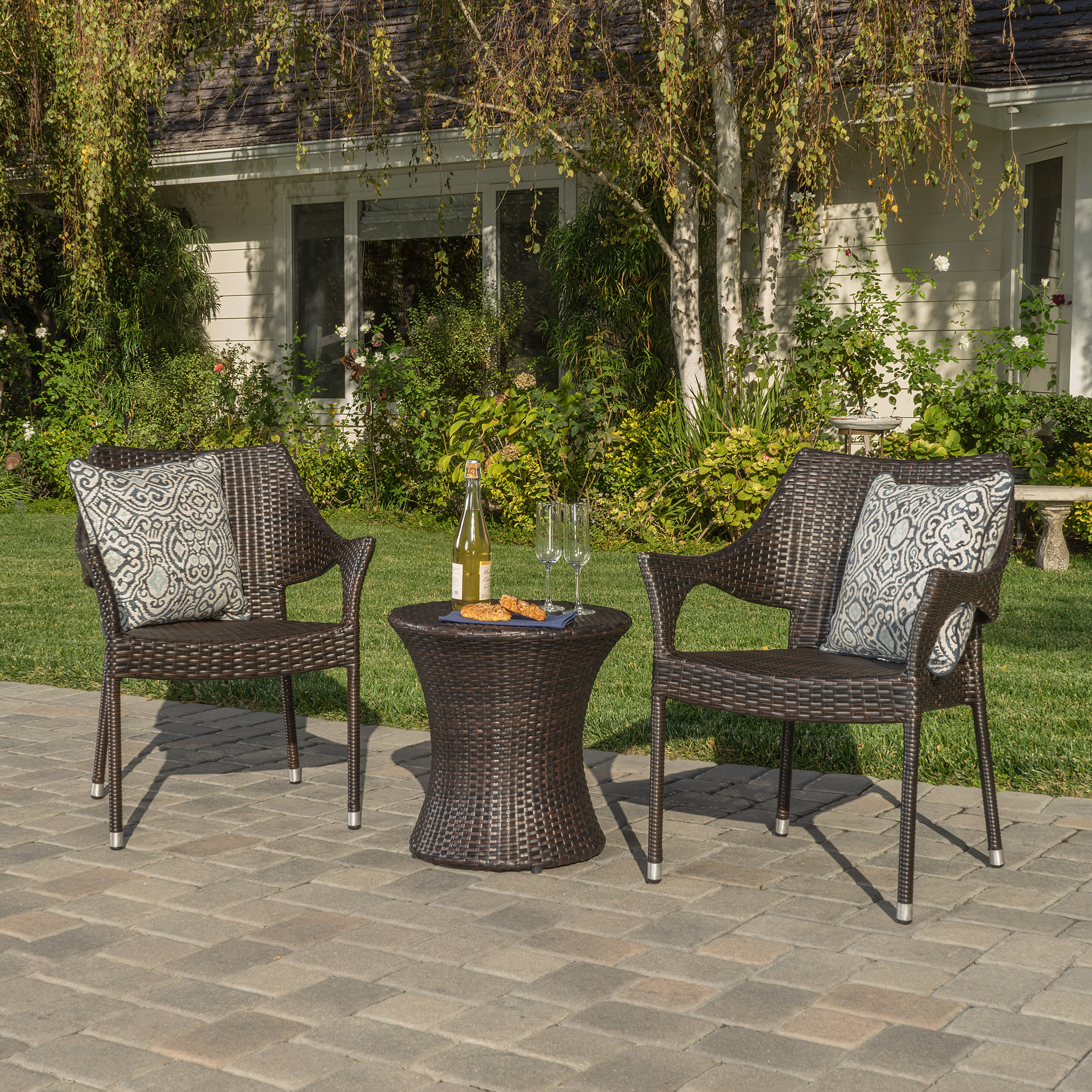 Noble House Wicker 3 Piece Chat Set with Cushions