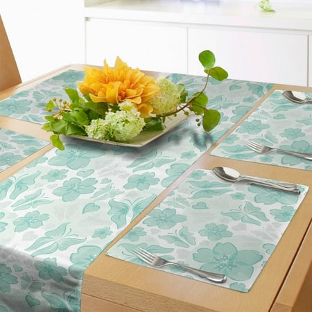 

Turquoise Table Runner & Placemats Flowers Butterflies Leaves Pattern Springtime Romantic Design Nature Set for Dining Table Placemat 4 pcs + Runner 12 x90 Turquoise Seafoam Pearl by Ambesonne