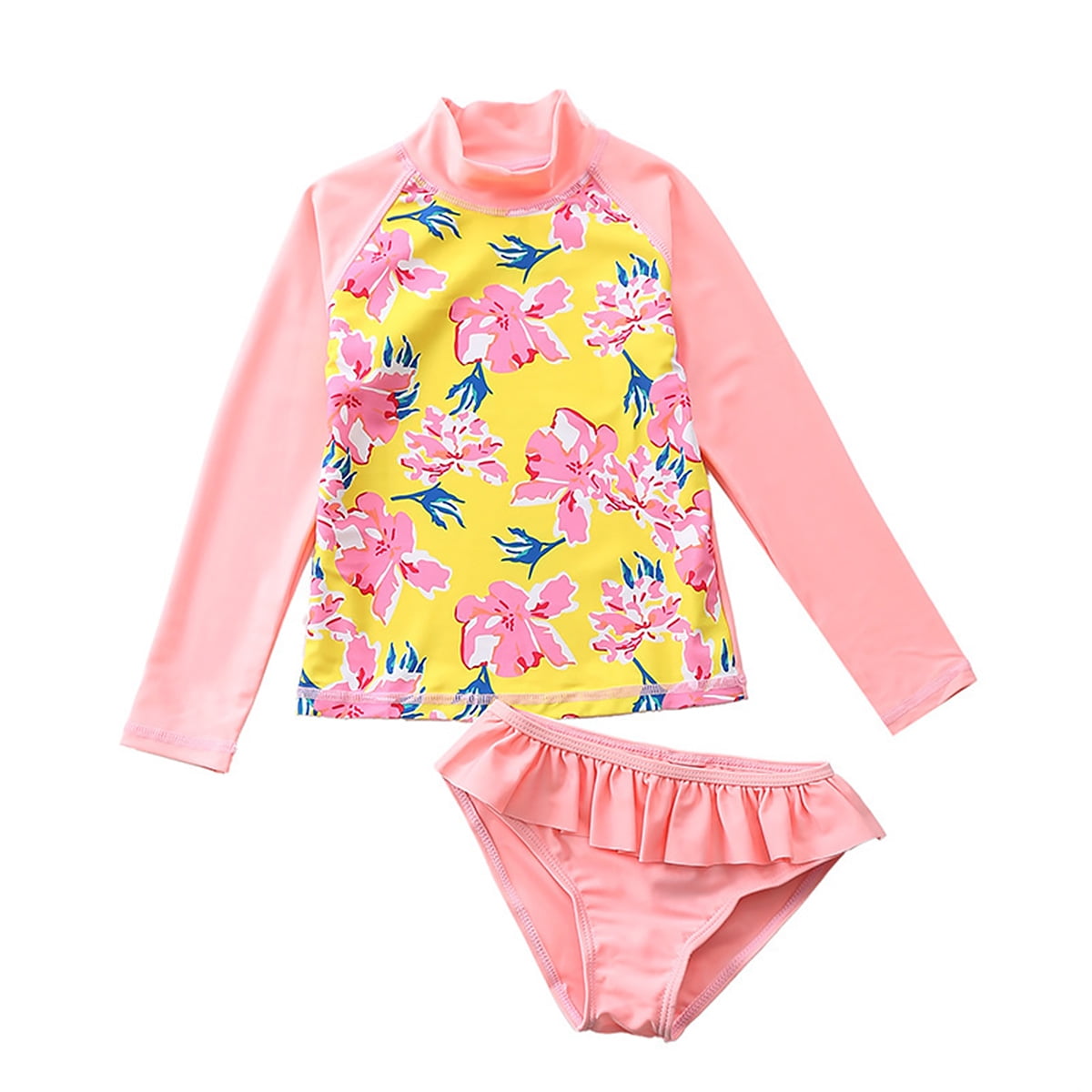Little Girls Rash Guards Swimsuit Set High Waist Bathing Suit Long Sleeve Swimwear UV Sun Protective Sunsuit 