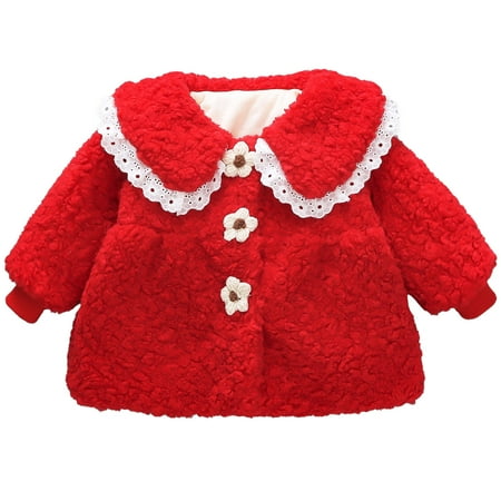 

Hduncf Toddler Baby Girls Sherpa Fleece Coat Jacket Cute Floral Buttons Birthday Winter Warm Outerwear Red 2-3Years