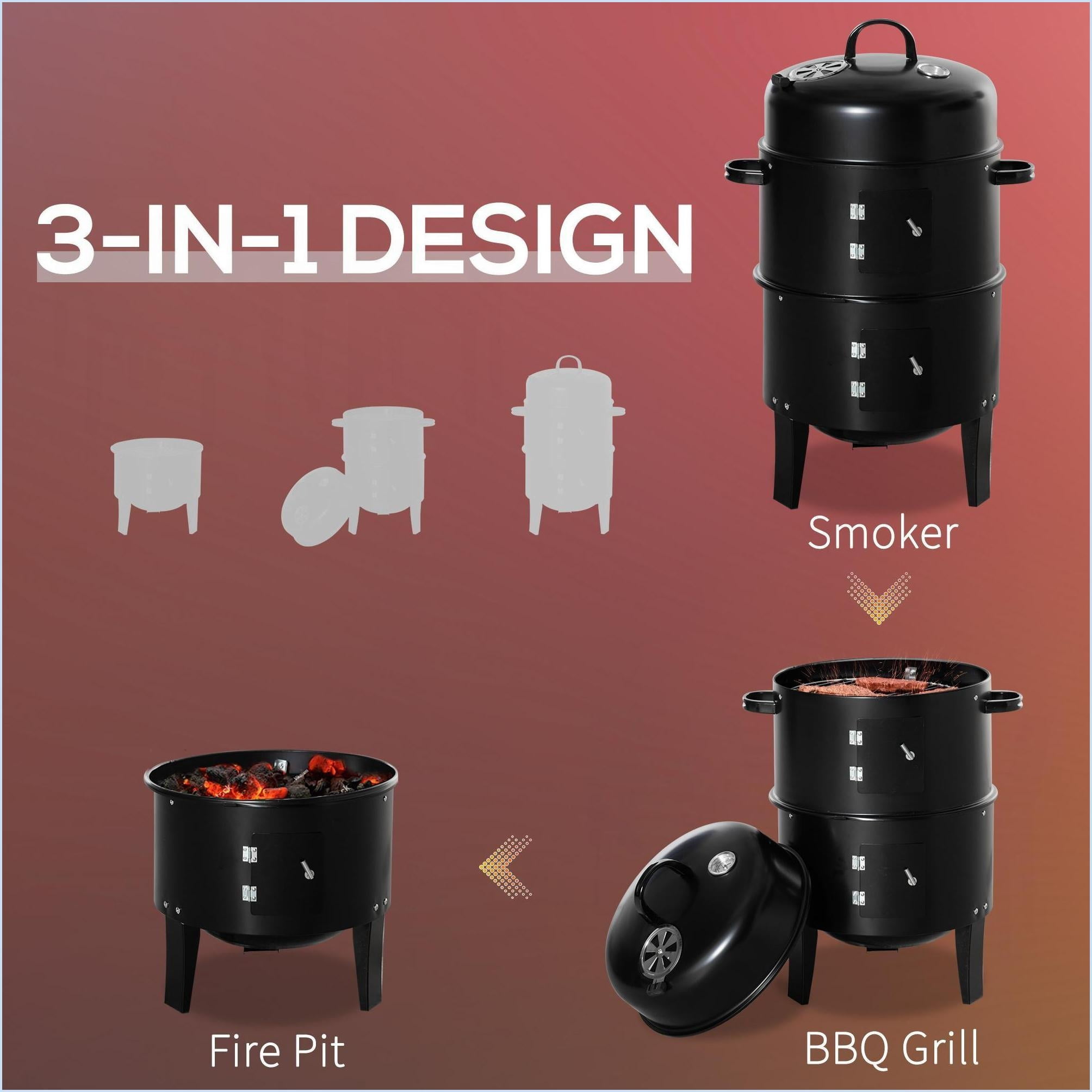 Charcoal BBQ Smoker, 3-in-1 16” Round Vertical Grill with Dual Cooking Areas & Thermometer for Outdoor Camping Backyard | Black | Metal