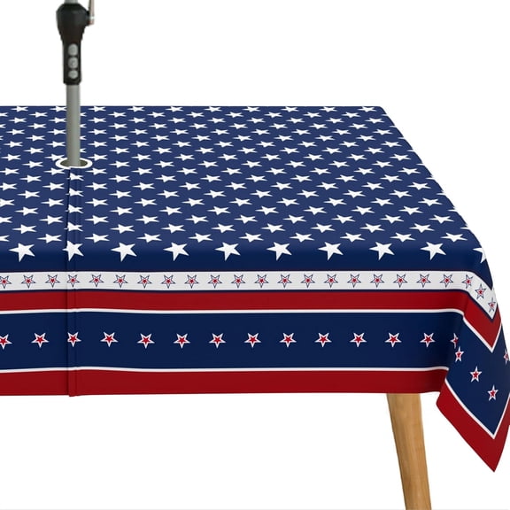 Fourth of July Outdoor Tablecloth with Umbrella Hole Memorial Day Patriotic Table Cloth American Flag, Stars Partio Table Cloths with Zipper-60 x120 Rectangle