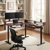 OKD 60" Electric Standing Desk with LED Strip & Power Outlets, L-Shaped Corner Desk with Shelves & Keyboard Tray, Adjustable Height Computer Desk, Dark Walnut