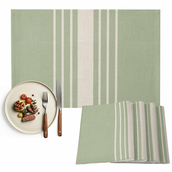 Placemats Set of 4, Sage Green Vertical Stripes Place Mats Classic Striped Linen Tablemats Washable Placemat Table Decoration for Kitchen Table Dinner Party Home Decor Indoor Outdoor 13x19 Inch