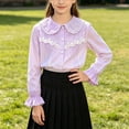 thumbnail image 4 of ITSAME Girls Button Up Shirt Lapel Lace Trim Cotton Ruffle Long Sleeve School Uniform Casual Fashion Tops Purple Size 8, 4 of 7