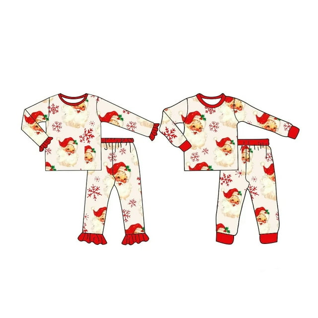 Ropa de estilo navideño para niñas, conjunto de serie con patrón de Papá Noel, conjunto de manga corta, conjunto de manga larga, mono, tela de seda de leche