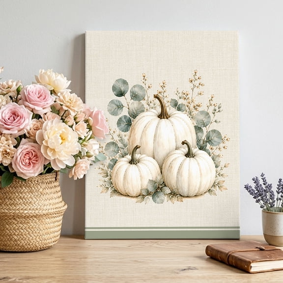 Autumn White Pumpkin Canvas Wall Art for Living Room, Harvest Botanical Retro Linen Green Stripe Poster Print Painting for Bedroom Office Home Decoration Wall Pictures Prepare To Hang 8"x12"