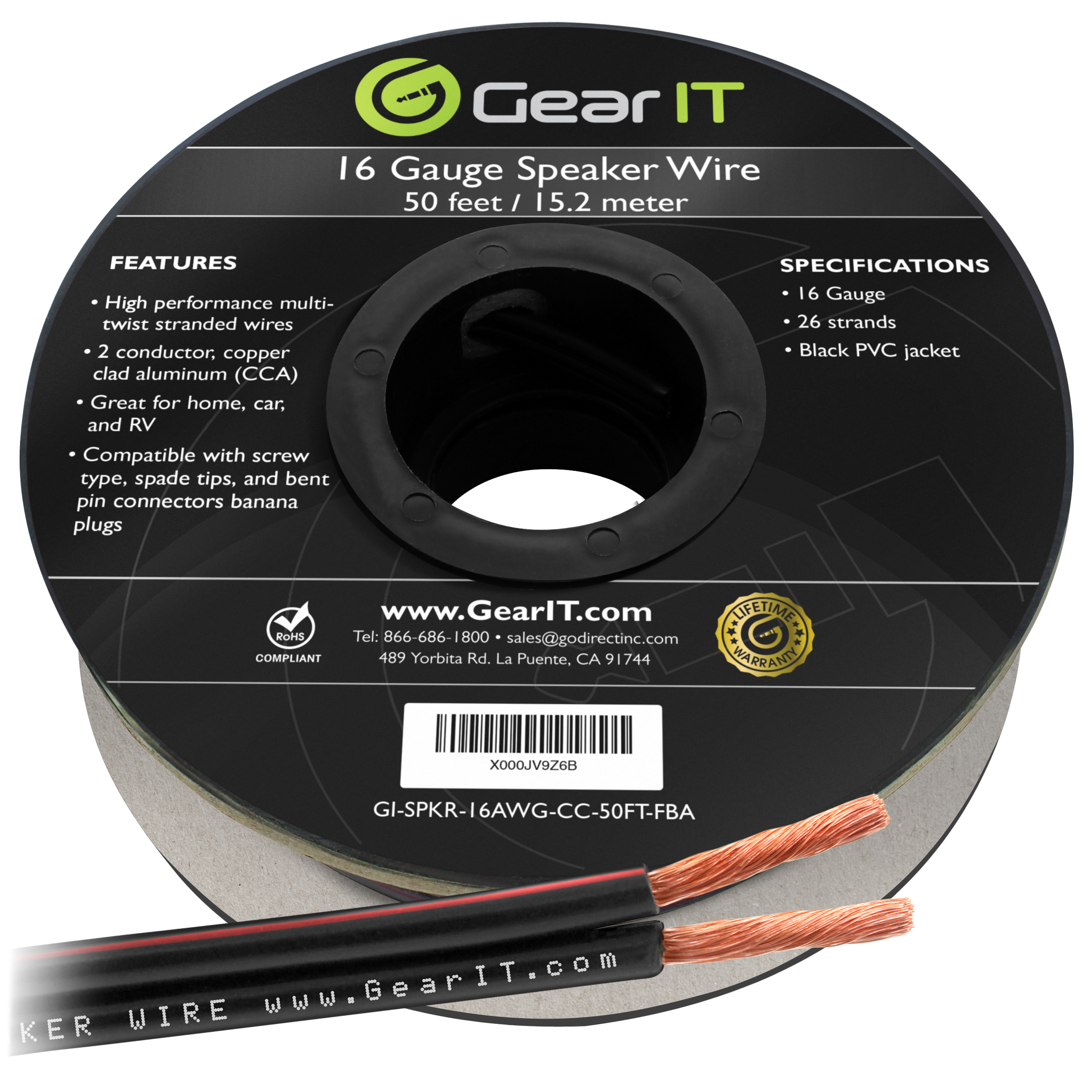 16AWG Speaker Wire, GearIT Pro Series 16 Gauge Speaker Wire Cable (50 Feet / 15 Meters) Great Use for Home Theater Speakers and Car Speakers, Black - image 1 of 7