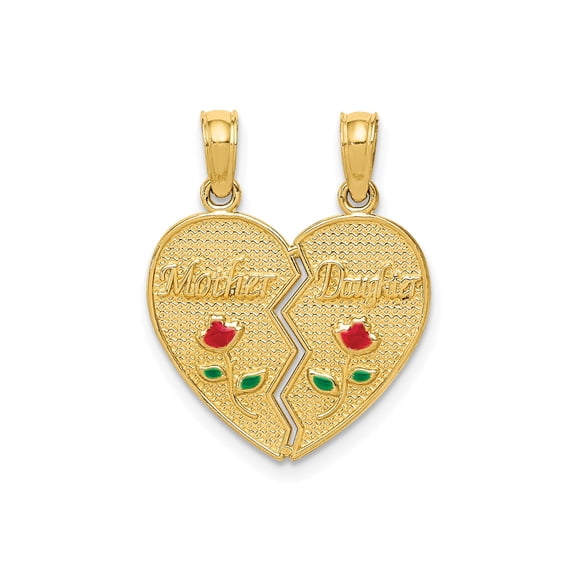 10K Yellow Gold Mother-Daughter Split Heart Pendant, Polished Finish with Red & Green Enamel Roses