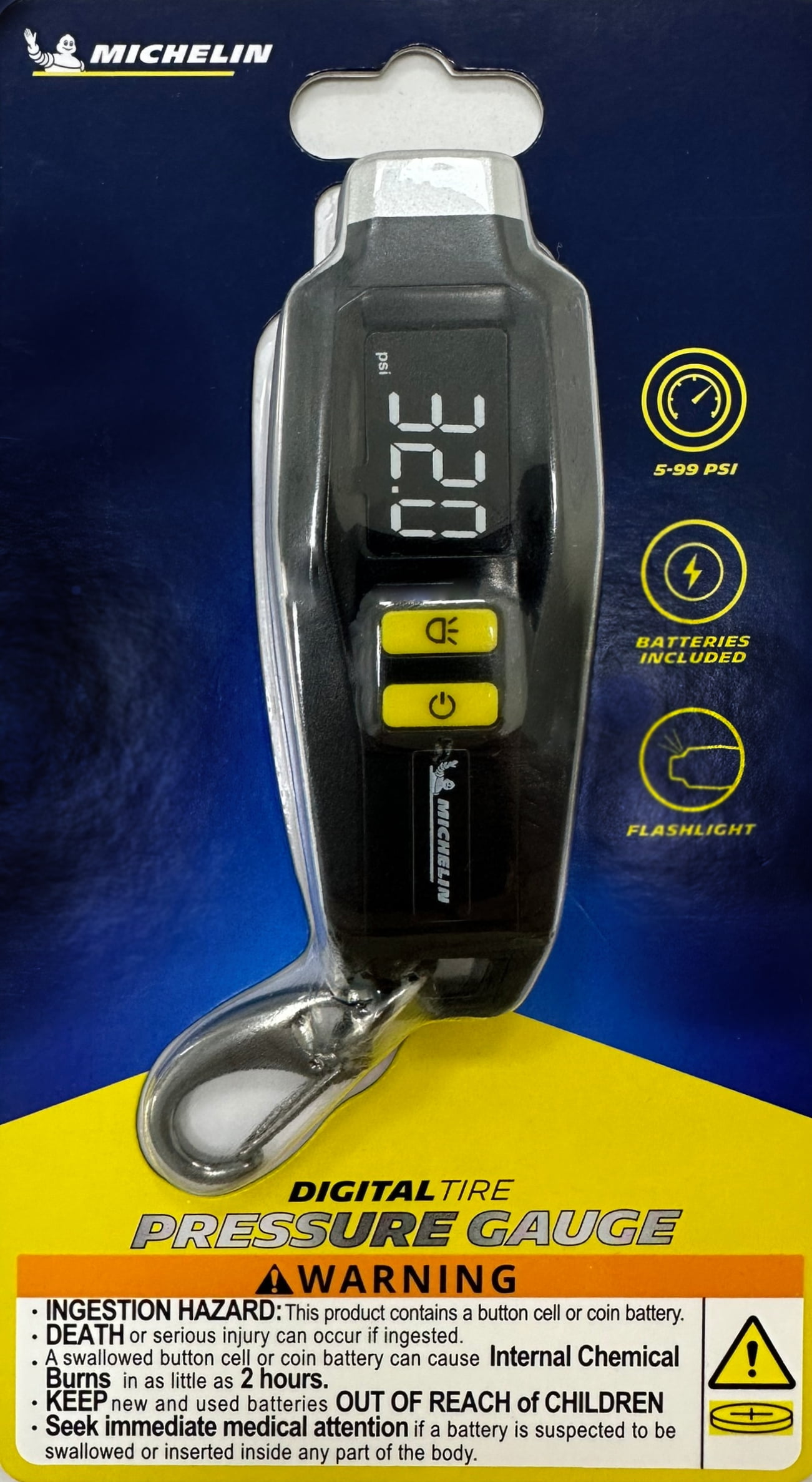 (2 pack) Michelin Mini Keychain Digital Tire Gauge, Universal 99 Psi Max, Black, Plastic