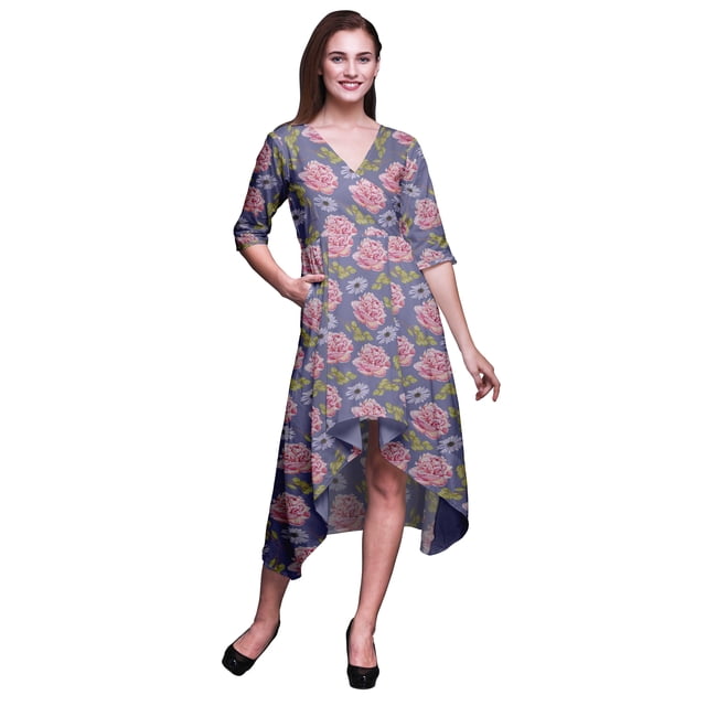Bimba Robe Droite Asymétrique pour Femmes en Coton à Imprimé Floral Oeillet Violet et Marguerite avec Poche, Manches Courtes, Col en V, Mi-Longue - XX-Grand