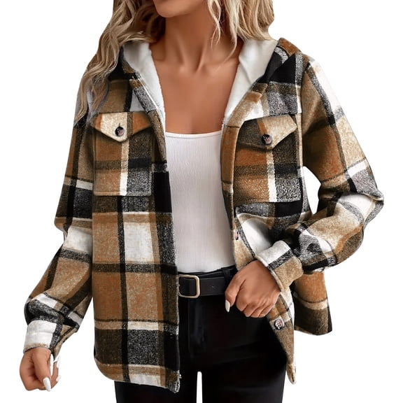 XFLWAM Women's Fleece Lined Plaid Shacket Jacket Long Sleeve Button Down Hooded Jackets Fall Winter Warm Coat