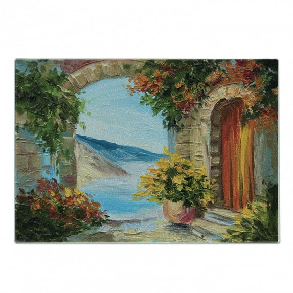 Romantic Cutting Board, View from Italian Old Stone House Hills Painting Style Look Vine Leaves Flower, Decorative Tempered Glass Cutting and Serving Board, in 3 Sizes, by Ambesonne