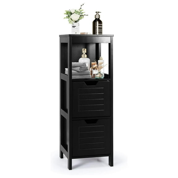 Bathroom Storage Cabinet, Freestanding Wooden Side Storage Cabinet with 2 Adjustable Drawers, Space-Saving Floor Cabinet for Living Room Bathroom Bedroom Entryway (Black)