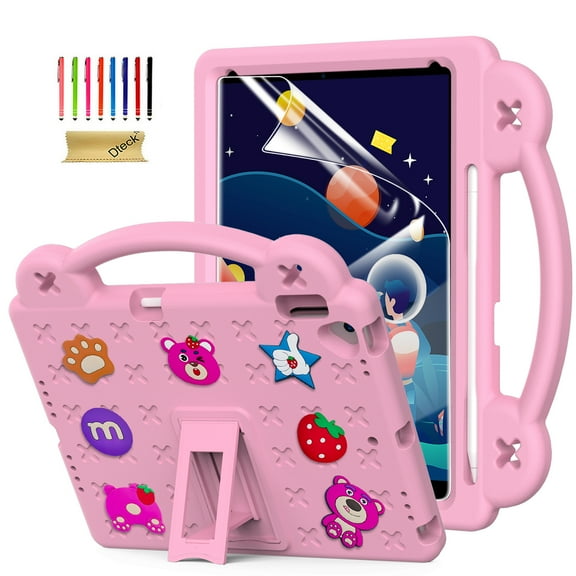 Dteck for iPad 10.2 Case with Screen Protector, iPad 9th/8th/7th Generation Case with DIY Cute Cartoon Toys for Kids, Child Proof Shockproof Protective Case with Handle Stand Pencil Holder,Pink