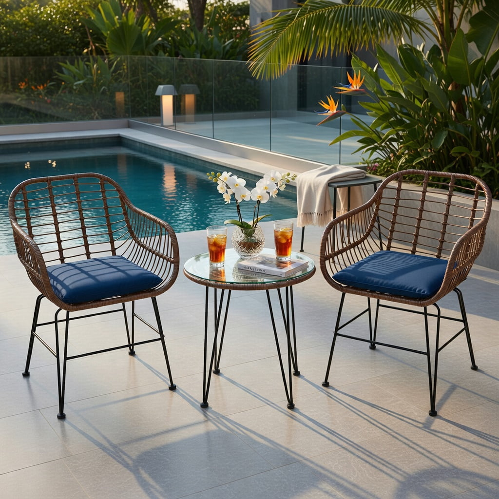 Hommoo 3-Piece Outdoor Rattan Bistro Set with Removable Cushions, Steel Frame, Tempered Glass Table, for Patio, Balcony, Poolside, Navy