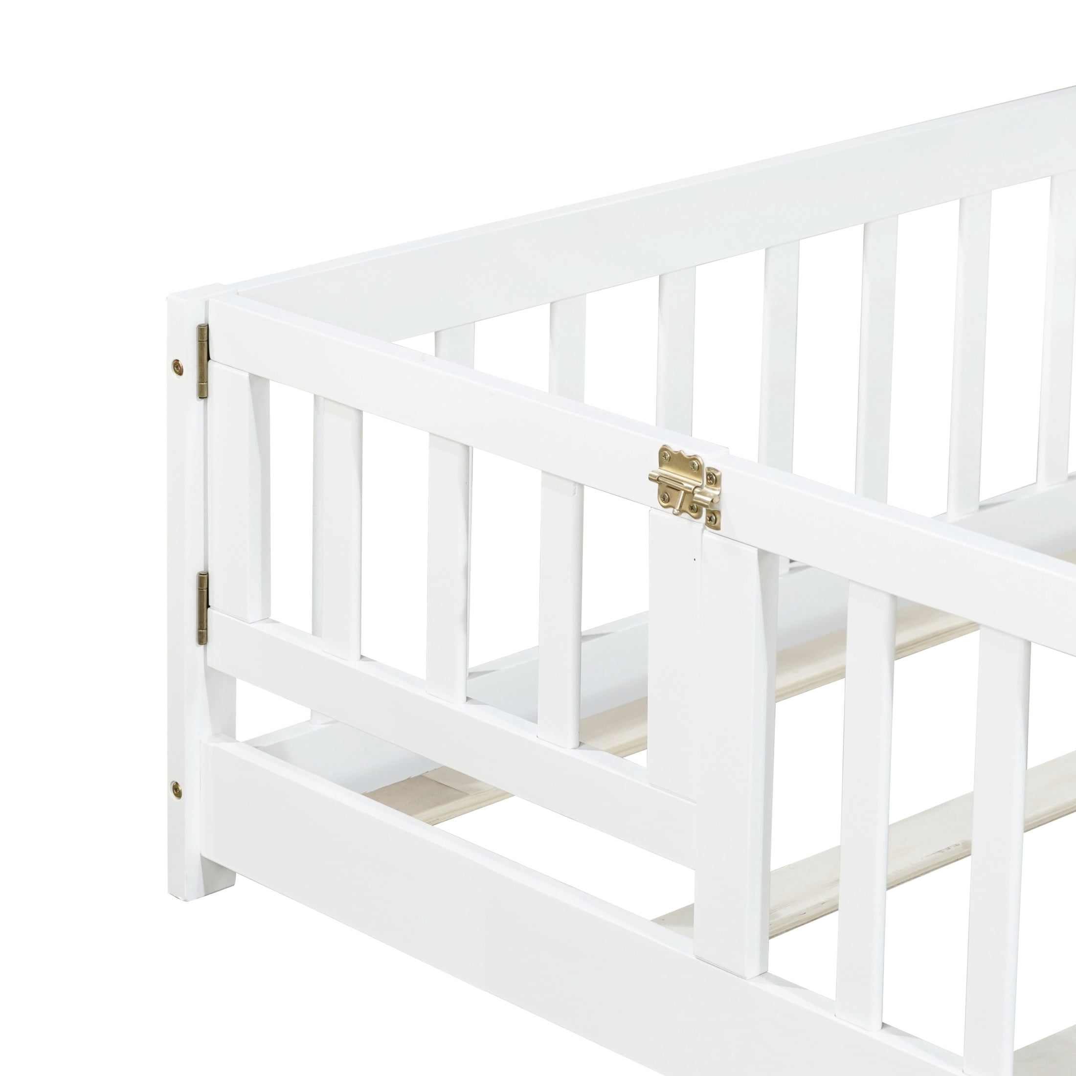 Noble House Twin Floor Bed with Safety Guardrails and Door, Rubber Wood Montessori Bed, Kid's Room, White