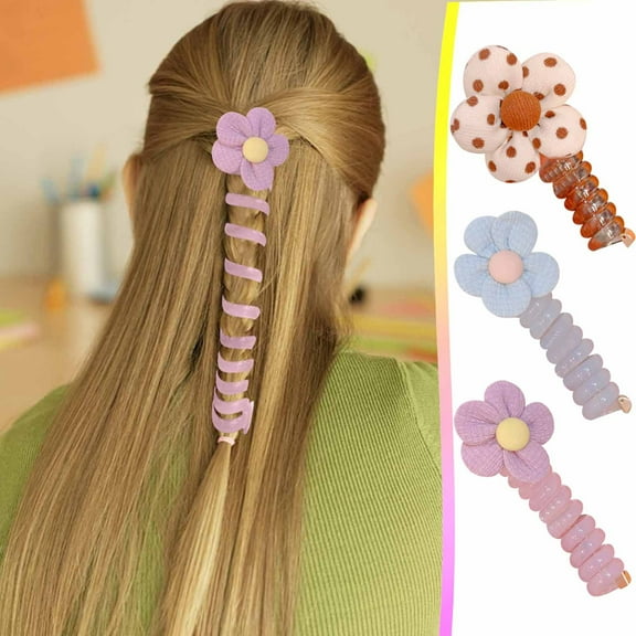 Telephone Wire Hair Bands for Kids Colorful Flower Bowknot Braided Telephone Cord Hair Rope Straight Spiral Hair Ties Coil Elastic Phone Cord Cute Ponytail Holder Accessories for Women Girls
