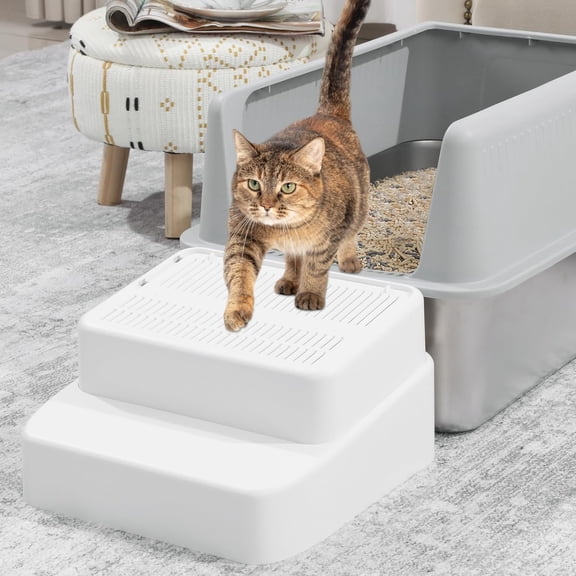 White Adjustable 3-Step Cat Litter Box Ramp - Filter Function, Detachable Litter Trapper, Easy Clean for Small/Elderly Cats