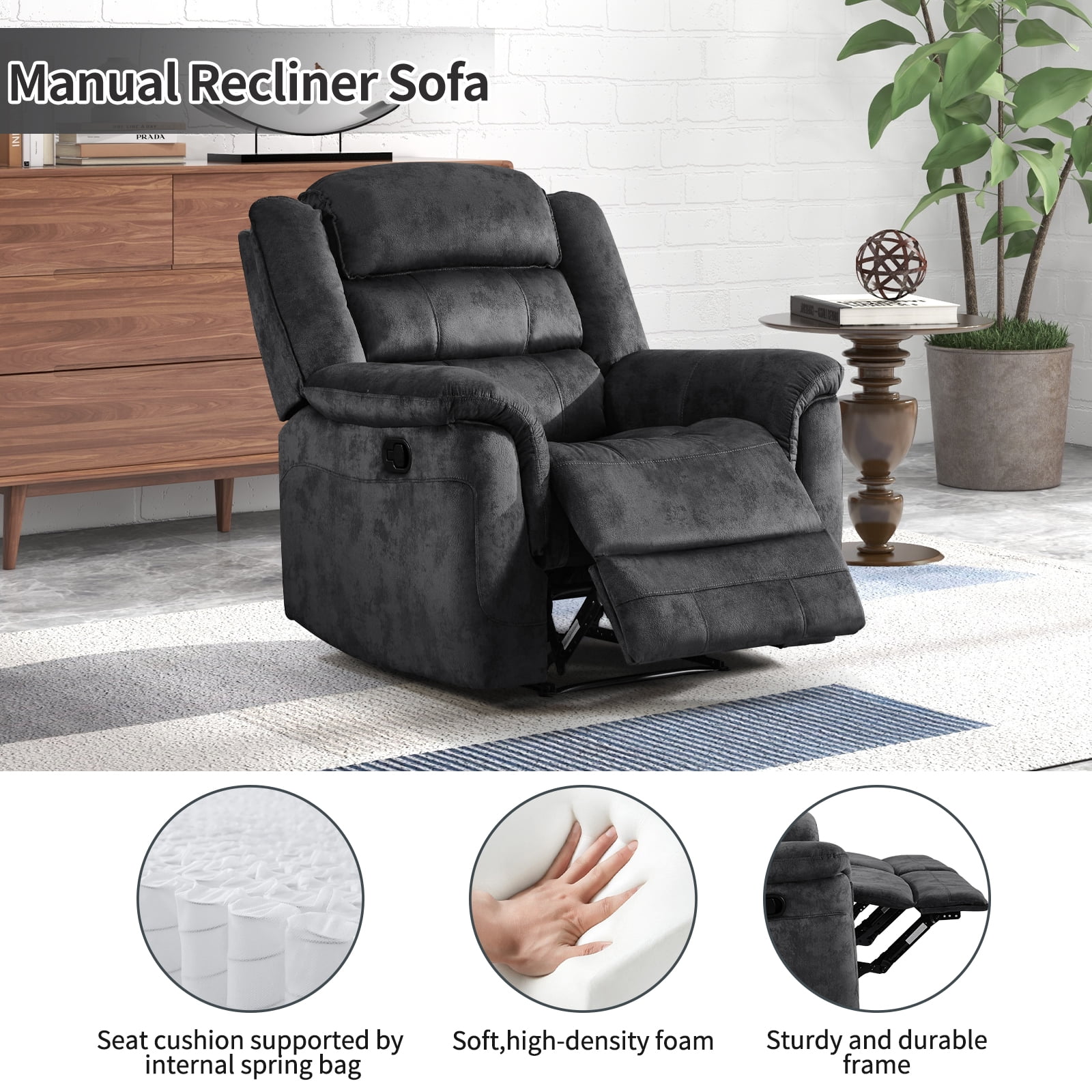 Bonzy Home Fabric Manual Recliner Chair — Modern Single-Seat Recliner with Padded Armrests & Backrest for Living Room & Bedroom Gray