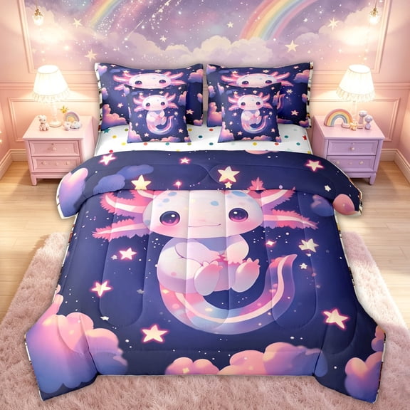 meiyoeat Kawaii Axolotl Twin Bedding for Kids Girls, Galaxy Star Cloud Bedding Comforter Set for Bedroom, Pink Blue, Polkadot Reversible, 7 Pieces