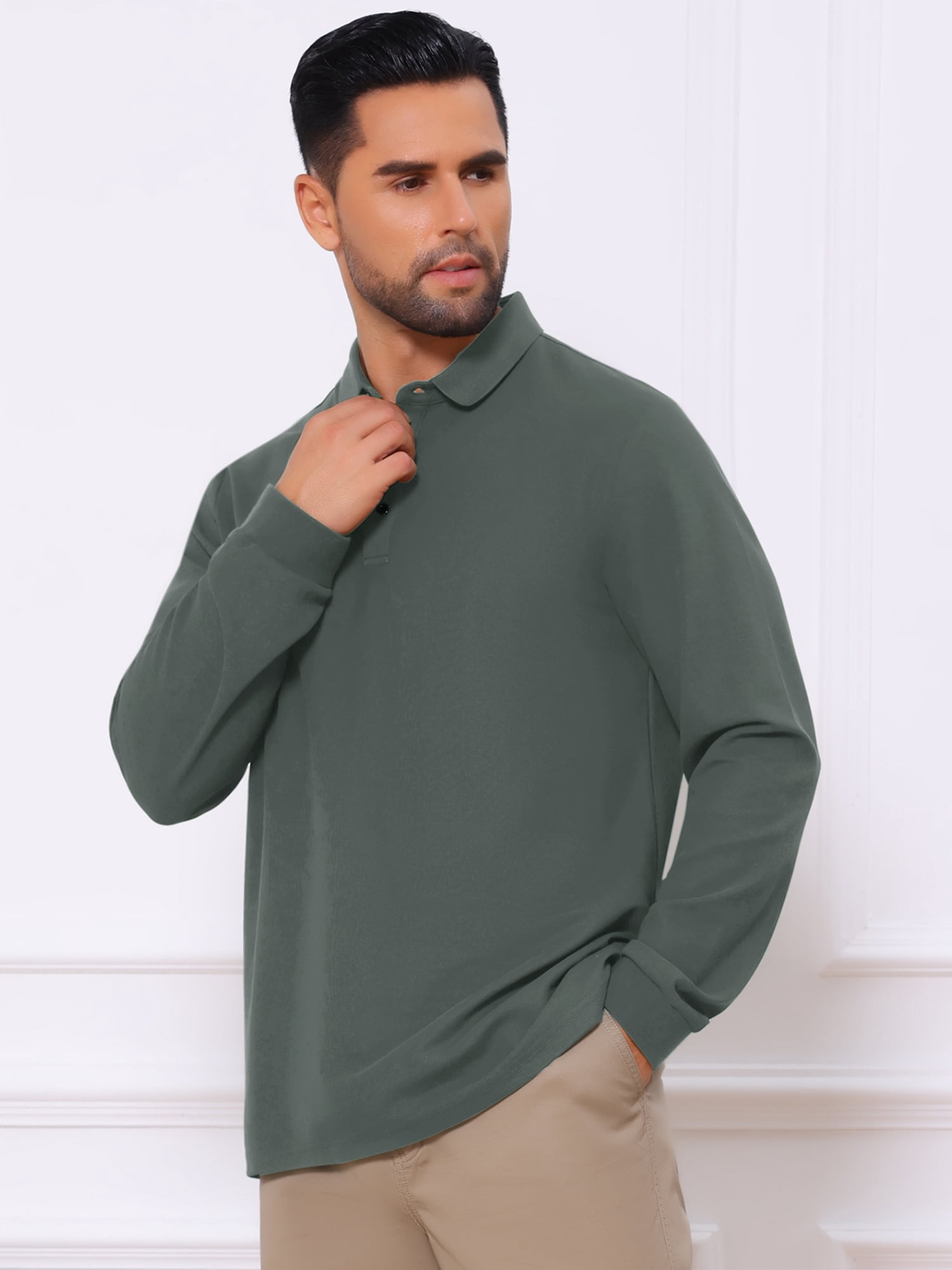 DARING DIVA Men's Classic Solid Color Long Sleeves Basic Golf Polo T-Shirts L Gray