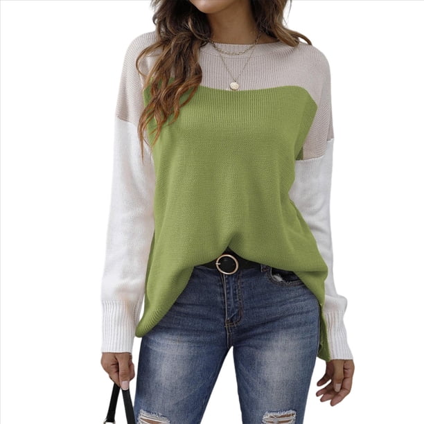 Suéter Oversize con Bloques de Color para Mujer: Cuello Redondo, Punto Acanalado, Hombros Caídos, Larga Verde L