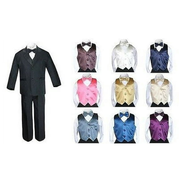 Baby Kid Teen Boy Formal Party 7pc Black Suit Tuxedo Color Satin Vest Tie S-20