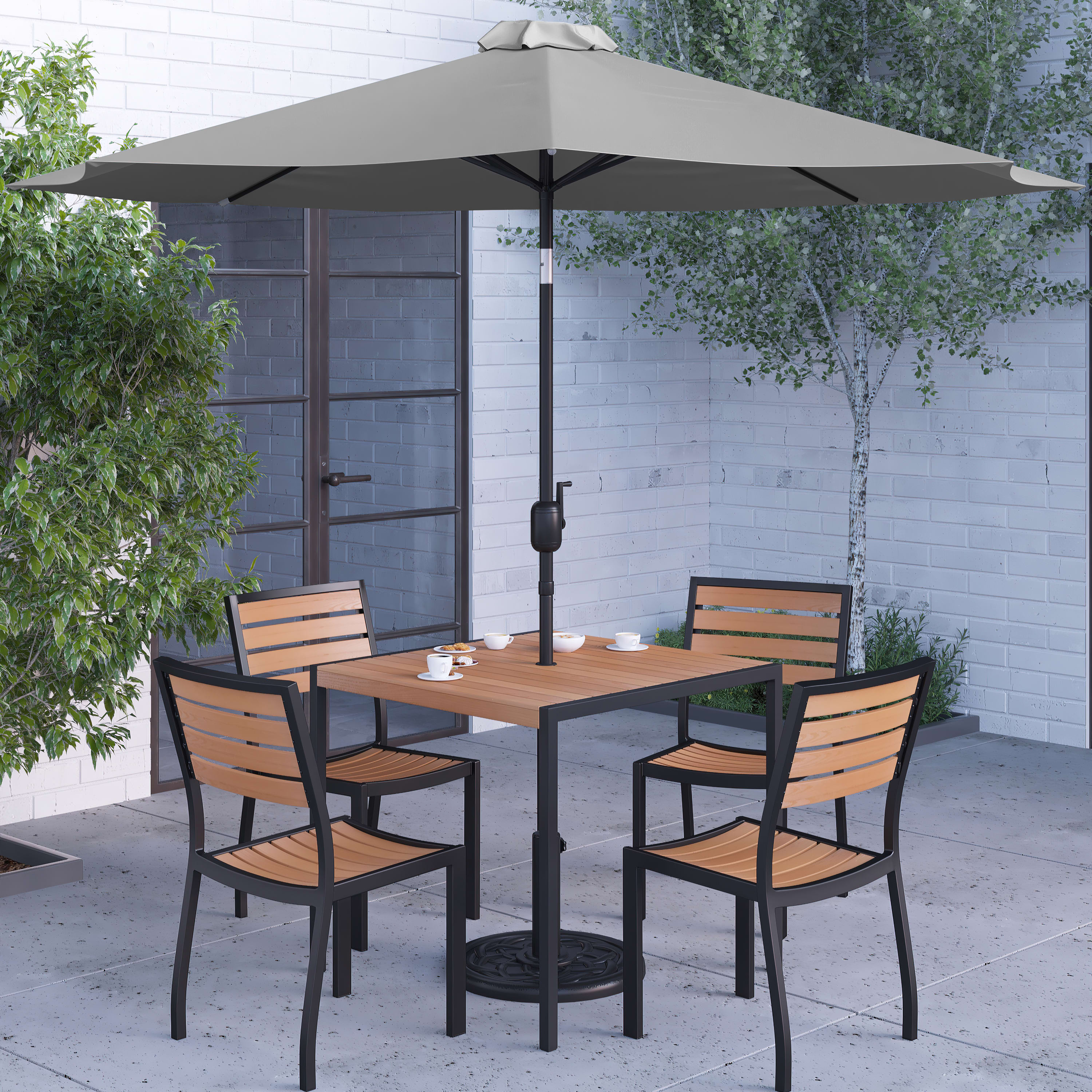 Merrick Lane Seven Piece Faux Teak Patio Dining Set - 35" Square Table, 4 Armless Stacking Club Chairs and 9' Gray Patio Umbrella & Base - image 3 of 18
