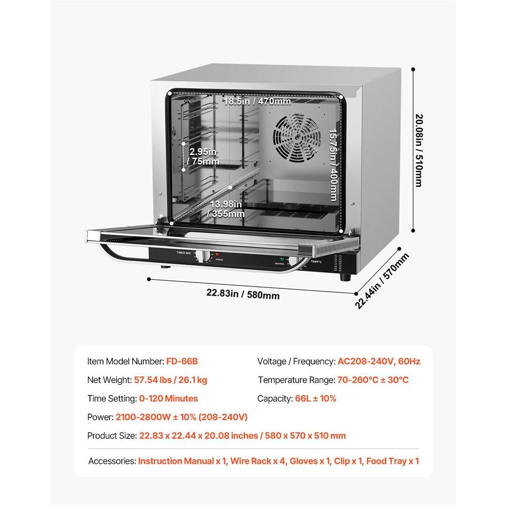 Choco Moon 66L Commercial Countertop Oven 2800W - Stainless Steel Toaster Oven - Large Capacity Multi-Functional Baking