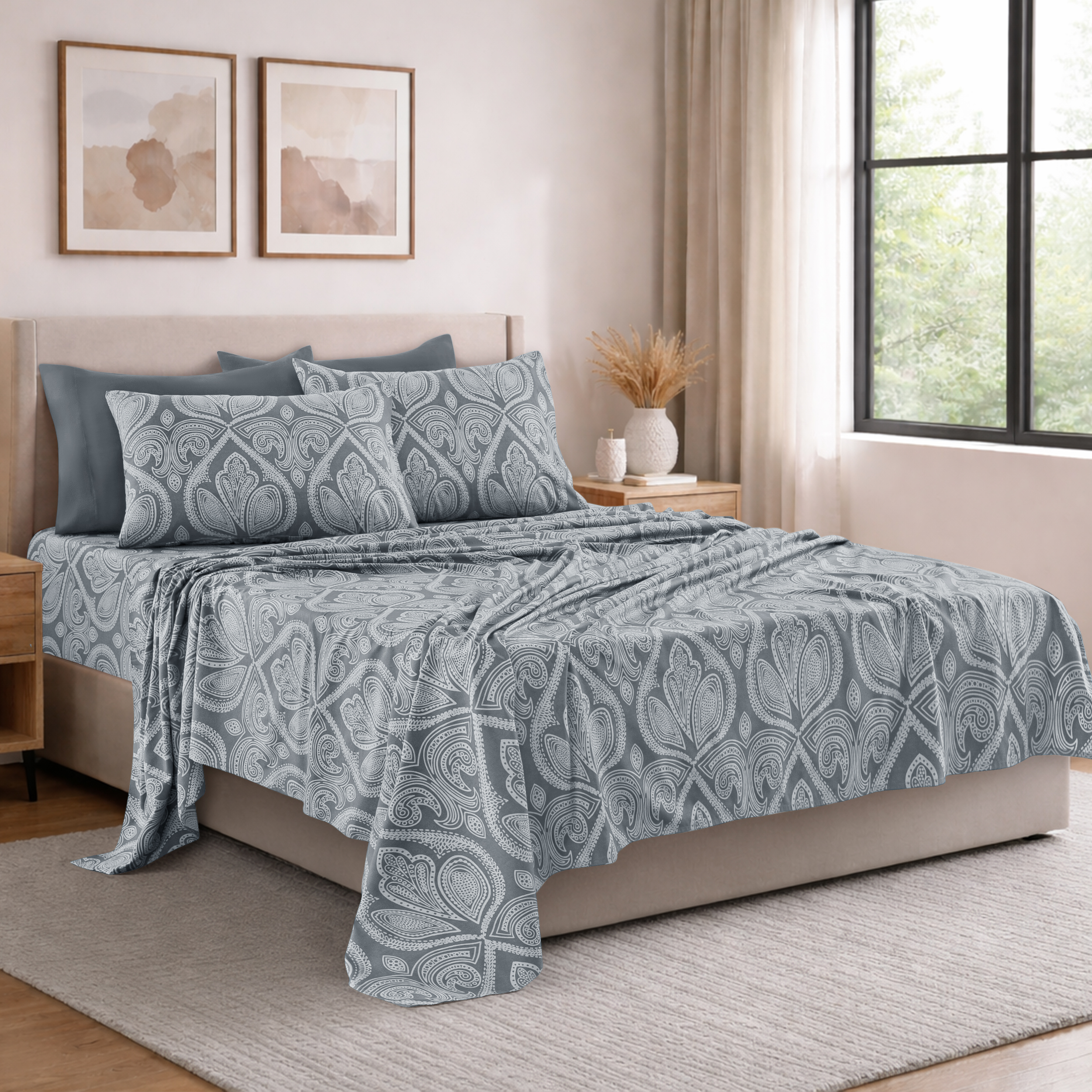 Lux Decor Collection Queen Sheet Set, 6-Piece Paisley, Grey photo 2