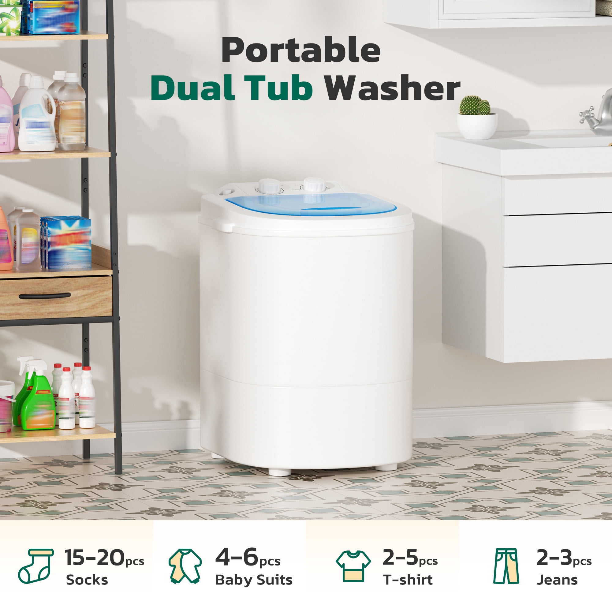 SUNCROWN Portable Washing Machine, 6.6 Lbs Compact Mini Washer Machine, 110V Single Tub Laundry Washer for Apartments, Dorms,Traveling, RV, Blue