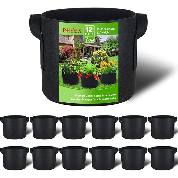 PHYEX 12Pack 7 Gallon Black Grow Bags, Aeration Fabric Pots with