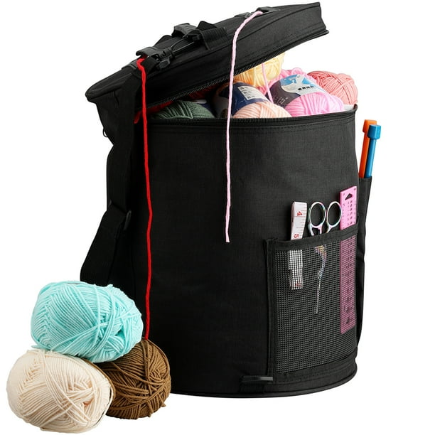 Large Capacity Yarn Storage Bag with Multi Pockets Barrel Shaped Knitting Storage Bag Portable Yarn Knitting Organizer Bag with Hnadle Strap Home