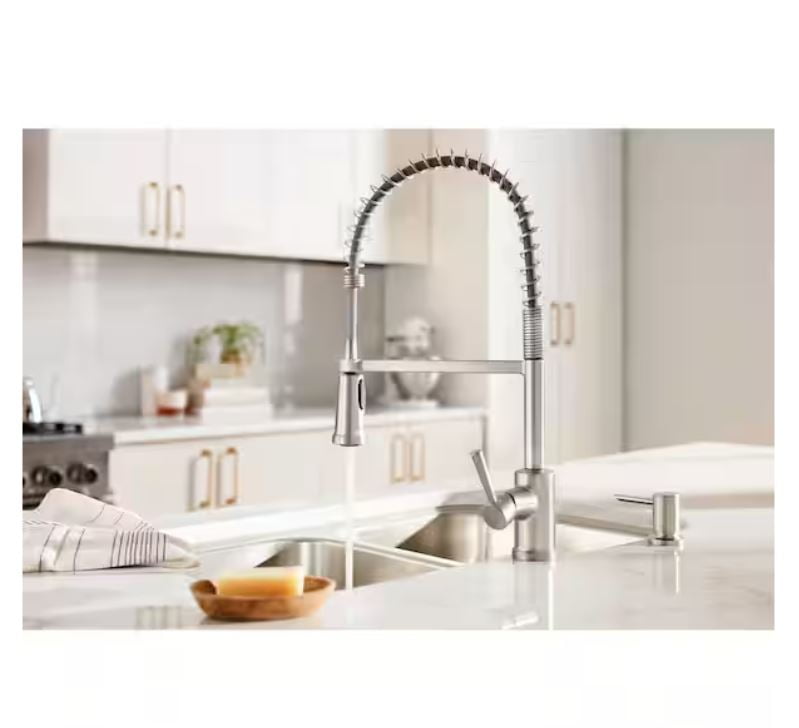 MOEN Indi Single-Handle Pre-Rinse Spring Pulldown Sprayer Kitchen Faucet with Power Clean in Spot Resist Stainless