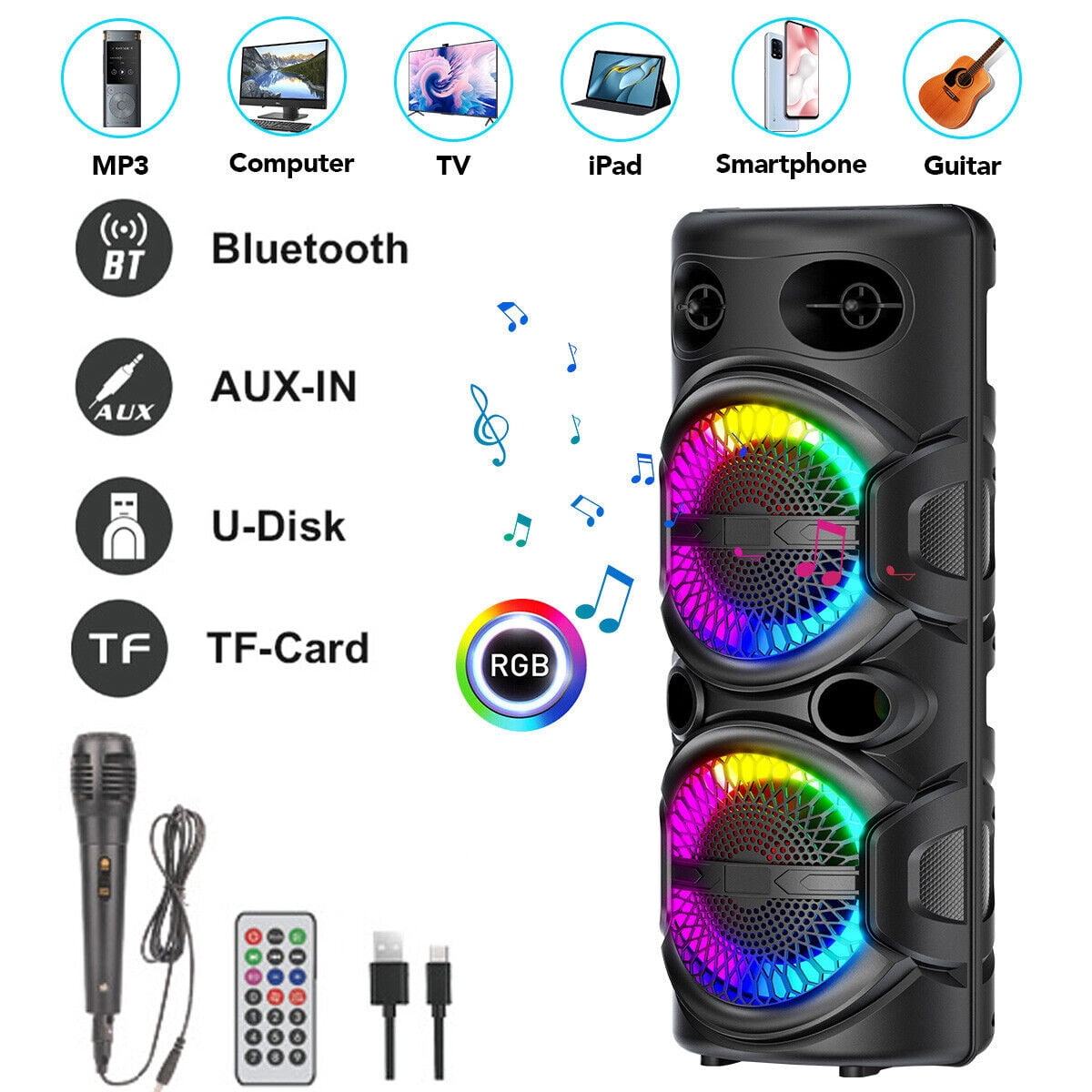 Dual 8" Woofer Portable FM Bluetooth Party Speaker Heavy Bass Sound With Mic LED